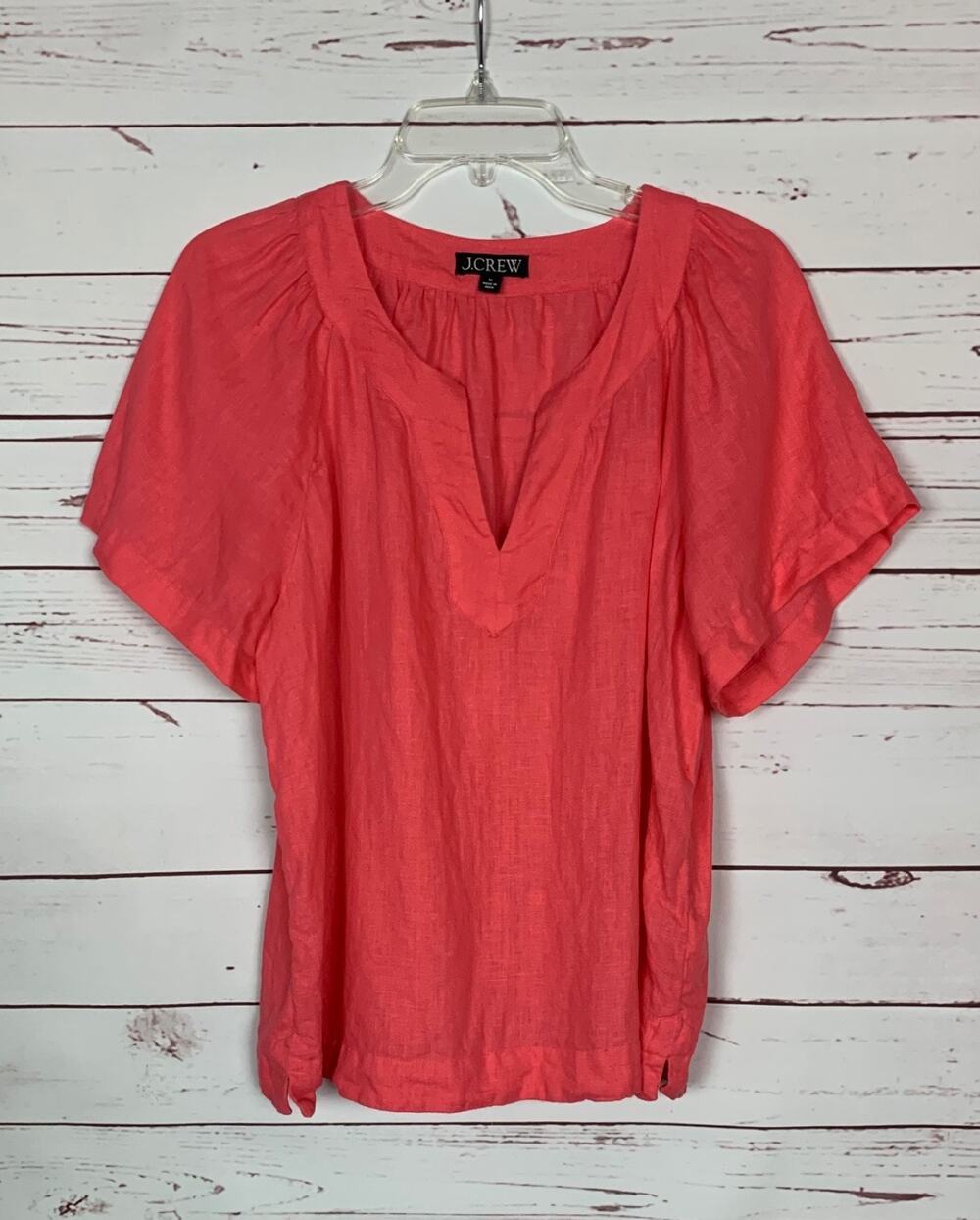 J.Crew Women's M Medium Coral Pink 100% Linen Short Sleeve V Neck Blouse Top